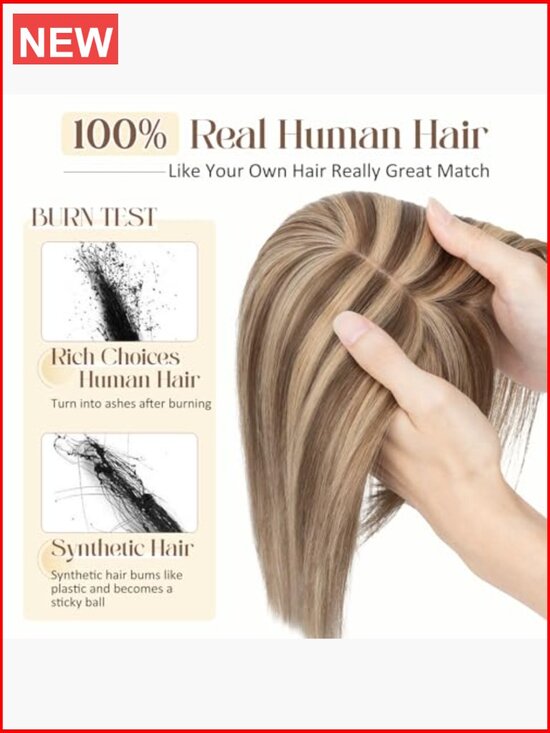 100% Real Human Hair Topper with Bangs - Silk Base Clip In Hair Piece for main image 6